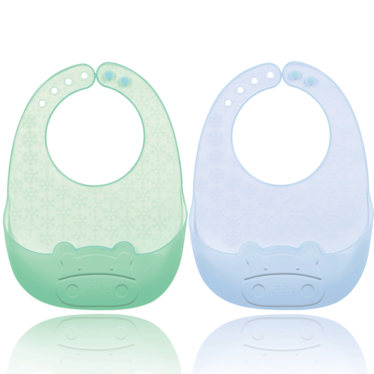 SEBIKAM Set of 2 Cute Ultra-Thin Silicone Baby Bibs for Babies & Toddlers (6-32 Months) - Unisex, Non-Messy, Adjustable, Soft, and Super-Light Silicone Feeding Bibs in Blue & Green