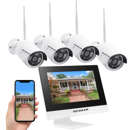 SEBIKAM Security Camera System with 10.1" LCD Monitor,NO Hard Drive,1080P Full HD Wireless NVR,4pcs 3MP Outdoor Cameras,APP Remote Access,Night Vision,Waterproof for Home or Business Surveillance