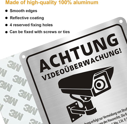 4-Pack Premium Self-adhesive Aluminum Metal Warning Video Surveillance Signs