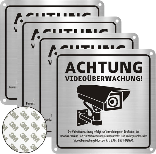 4-Pack Premium Self-adhesive Aluminum Metal Warning Video Surveillance Signs